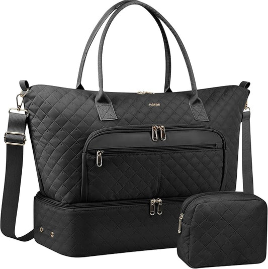 HOTOR Travel Duffle Bag for Women - Carry on Bag with Toiletry Pouch & Shoe Compartment, Large Overnight Weekender Bags for Gym, Business Trips, Sports and Hospital, Black, 18.1" x 8.7" x 15.8"