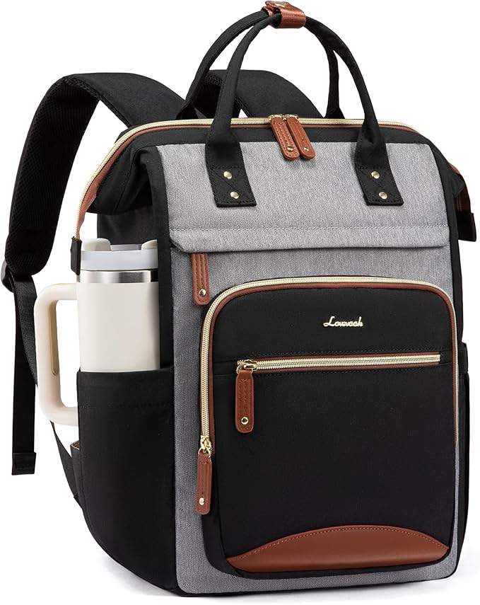 LOVEVOOK Laptop Backpack for Women Work Bag with Large Capacity Cup Side Pocket, 15.6 Inch Waterproof Computer Backpacks (Black-grey, 15.6INCH)