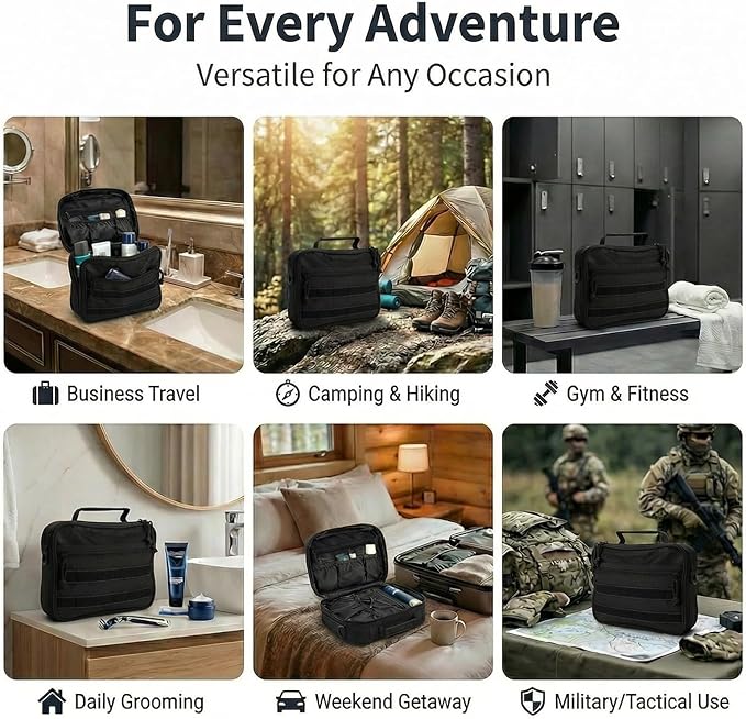 Mens Toiletry Travel Bag, Tactical Toiletry Bag for Men, Bathroom Hanging Travel Toiletry Bag for Men Shaving Hygiene Bag Travel Toiletry Organizer Short Trips Bag, Black