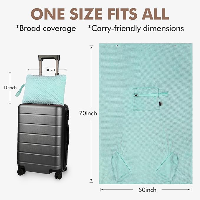 Tirrinia Travel Blanket and Pillow Set, Soft Compact Airplane Blanket with Foot Pockets, 4-in-1 Travel Essentials for Women Men, Portable Travel Gifts for Her, Travel Blanket for Airplanes, Cars