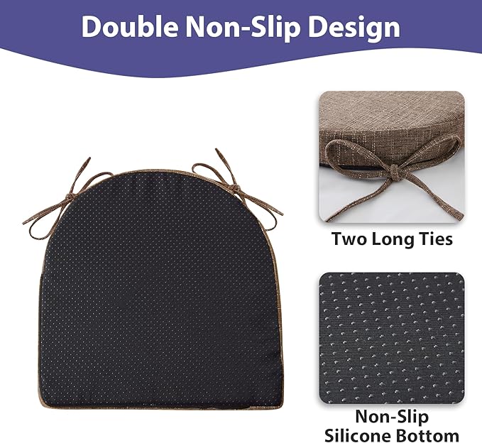 Chair Cushions for Dining Chairs with Ties and Removable Cover, Dining Kitchen Chair Pads with Non-Slip Bottom, High-Resilience Indoor Seat Cushions, 16'' x 16'' x 2'', Set of 2, Brown