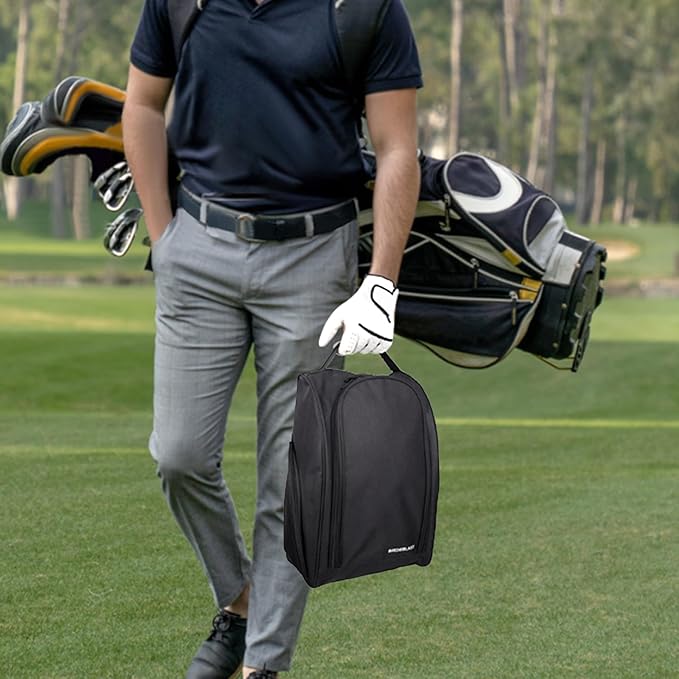 Golf Shoe Bag, Zipper Sports Shoe Strap Bag with Side Accessory Pocket for Storing Golf Accessories, Padded Golf Shoe Carry Bags with Clasped Strap Handle (Black)