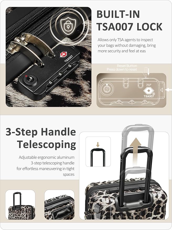 Cheetah Print Carry on Luggage 2 Piece（20in/24inch - Airline Approved Suitcases with Spinner Wheels, Built-In TSA Lock，Hard Shell Expandable Suitcases