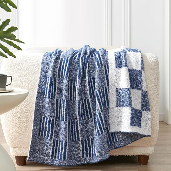 Snuggle Sac Navy Checkered Faux Fur Throw Blanket for Couch, Knitted with Microfiber Fancy Yarn Blanket, Reversible Soft Cozy Blankets for Sofa Bedroom,Heather Navy,50x60 inches