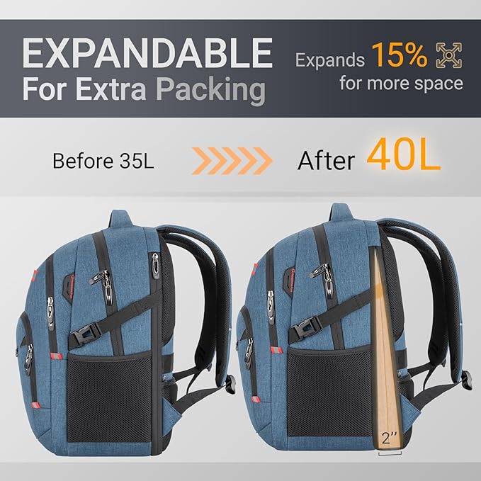 40L Expandable Laptop Backpack, Anti-thief Travel Backpack, Airline Approved Business Waterproof Carry on Luggage, Fits 15.6" Laptop for Men Women