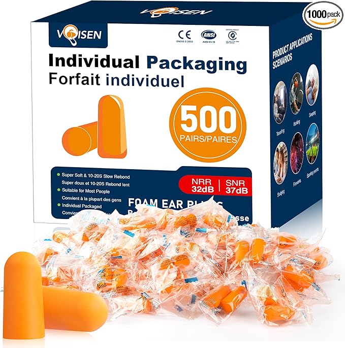 VOISEN Ear Plug,500 Pairs Ear Plugs for Sleeping,32dB NRR 37dB SNR Ear Plugs Noise Cancelling for Snoring, Studying, Loud Events, Traveling & Concerts, Individual Package