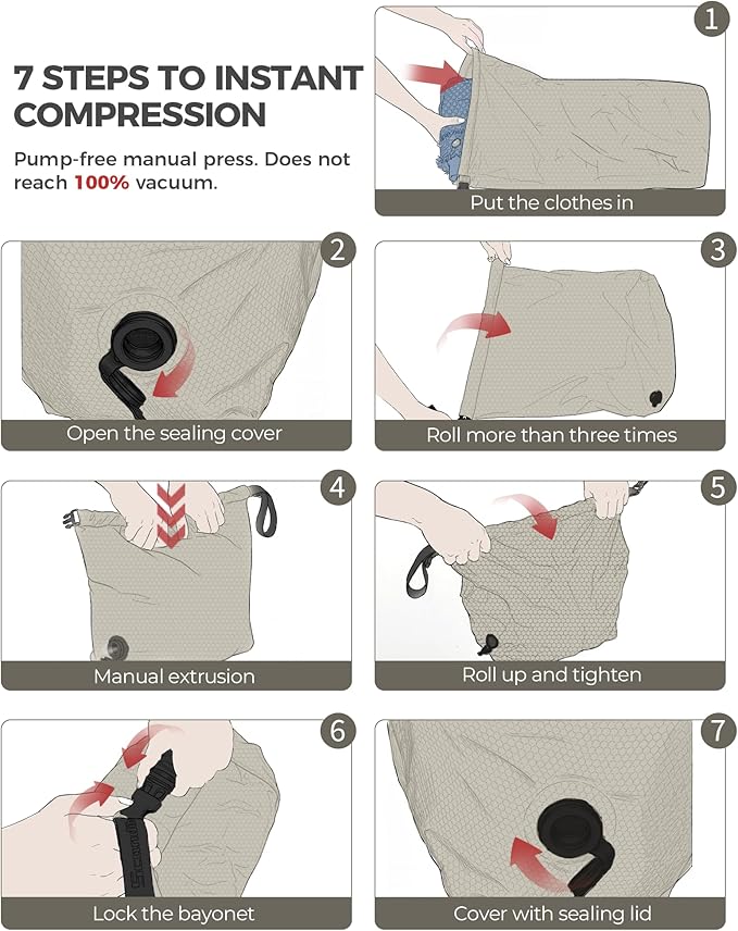 Travel Laundry Bag, Pump-free Vacuum Compression Dirty Clothes Bag, Large Reusable Waterproof & Washable Laundry Bag, Wet and Dry Bag, Ideal for Suitcases, Laundromats (1 Pack) Gray