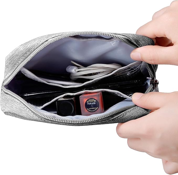 E-Tree Small Makeup Bag, Cosmetic Toiletry Skin Care Make up Little Items Pouch for Purse, Zipper Mini Tech Charger Cable Electronic Organizer Case, Travel Accessories for Women Men Teen, Grey