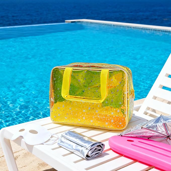 Holographic Yellow Clear Star Large Cosmetic Bag and TPU Travel Pouch with Handle,Durable Material,Zipper Design-Ideal for Makeup,Travel Essentials (Yellow)