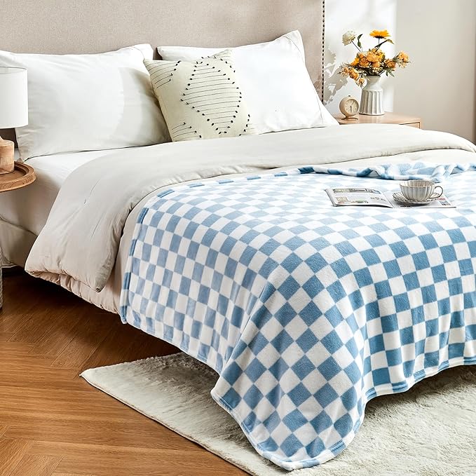 Checkered Blanket Flannel Throw Blankets Soft Cozy Checkered Grid Print Chessboard Gingham Pattern Throws for Bed Sofa Couch for All Seasons, 60x80 Inch, Blue