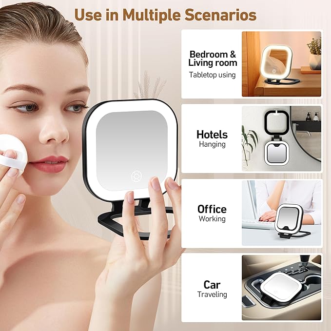 GOMIPURU Travel Mirror with Light, 1x/30x Magnifying Mirror with 3 Color Lights and Adjustable Brightness, 4.5x3.9 inch Small Compact Hangable Hand Pocket 3 Way Mirrors, Comes with Tweezer