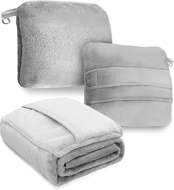 DEZ FURNISHINGS 4-in-1 Travel Compact Blanket Pillow Super Soft Velvet with Luggage Sleeve and Backpack Clip, Gray, 60" x 45"