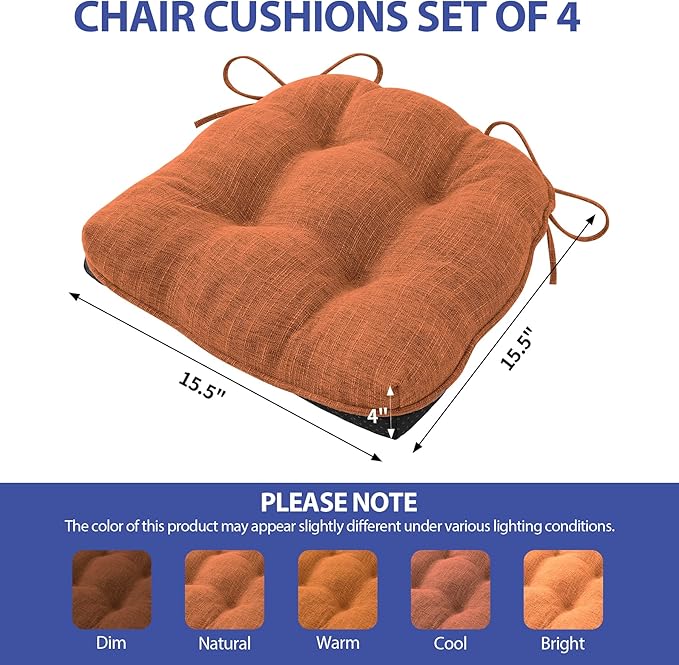 Chair Cushions for Dining Chairs Set of 4, Kitchen Chair Cushions, Chair Pads with Ties and Non Slip Backing, Tufted Memory Foam Seat Cushion 4 Pack, 15.5" x 15.5" x 4", Orange