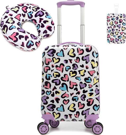Kid's Luggage Set 2 Piece Suitcase Set Hardside Luggage with Spinner Wheels Girls Carry on Toddler Travel Rolling Suitcase with Neck Pillow Airline Approved