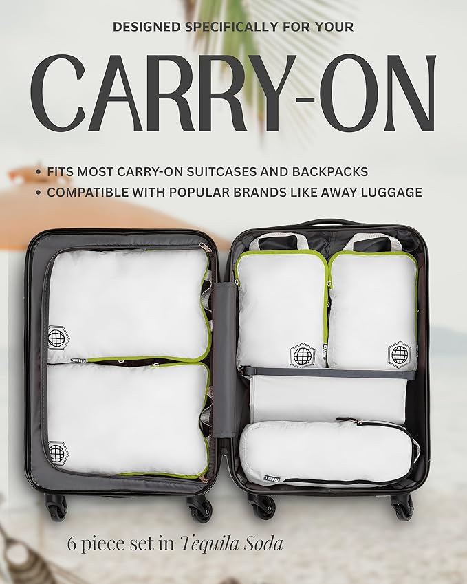 Compression Packing Cubes 6 Piece Set for Carryon Suitcases- Lightweight, Durable Clothes Organizer (White and Green)