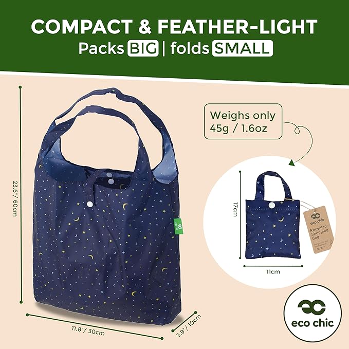 ECO CHIC Foldable Reusable Grocery Bags - Lightweight, Recycled & Reusable Shopping Bag - Waterproof Packable Tote