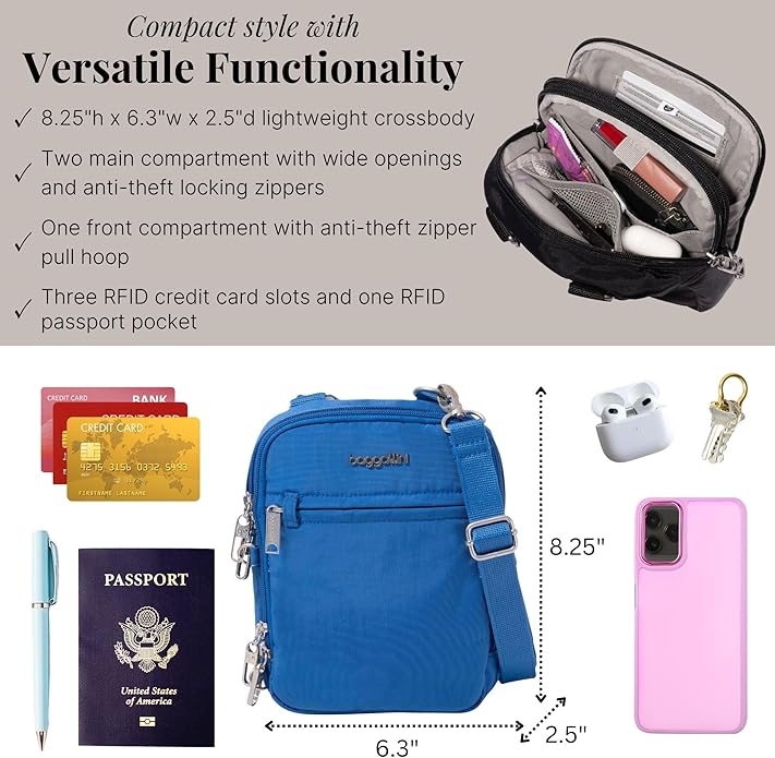 Baggallini Securtex® Anti-theft Mini Everything Crossbody Bag, 6.3"x8.25" Rfid, Locking Zippers & Cut-resistant Strap
