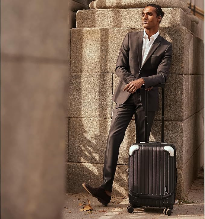 LEVEL8 Lightweight Carry-on Suitcase 20-Inch,Expandable 4 Wheel Hand Luggage, ABS+Poly-Carbonate Hardshell Spinner Trolley for Luggage with Double TSA-Approved Locks, Black, 37*24*55.5CM, Casual and