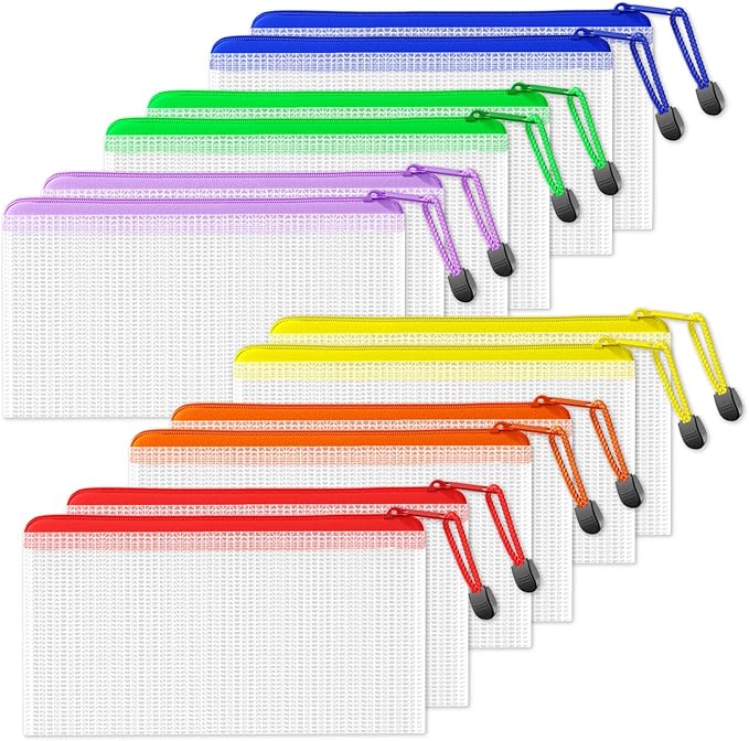 SUNEE Plastic Mesh Zipper Pouch 4.6x9.2 in (6 Colors, 12 Packs), Small Water-Resistant Zip Bag for School Office Supplies, Pencil Organizing Storage