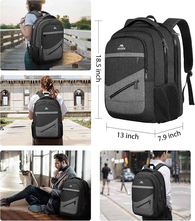 MATEIN 17 Inch Backpack for Men, Professional Work Office Laptop Backpack with Anti Theft Pocket & Trolley Sleeve, Water Resistant Large College Daypack Travel Carry On, Black Grey