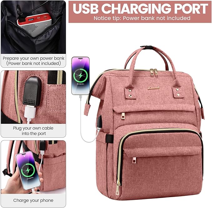 LOVEVOOK Laptop Backpack for Women,18 Inch Professional Womens Travel Backpack Purse Computer Laptop Bag Nurse Teacher Backpack,Waterproof College Work Bags Carry on Back Pack with USB Port,Light-pink