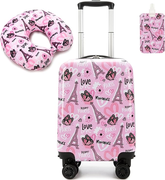 Kid's Luggage Set 16" Hardside Luggage with Spinner Wheels 2 Piece Suitcase Set Girls Carry on Toddler Travel Rolling Suitcase with Neck Pillow Airline Approved