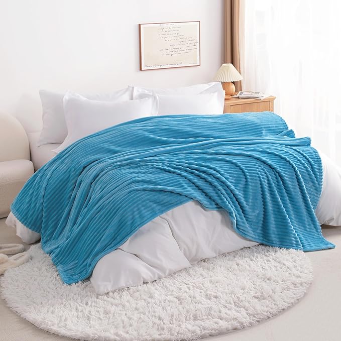 NTBAY Plush Flannel Twin Bed Blanket, 60X80 Inches Soft and Warm Lightweight Blanket with Striped Texture Bed Blanket for Couch Sofa Bed All Seasons, 60"x80", Blue