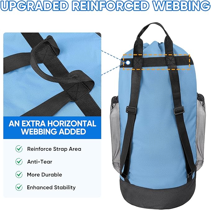 BALEINE 150L Laundry Bag Backpack, 900D Oxford Fabric Large Travel Laundry Bags with Shoulder Straps and 2 Mesh Pockets for College Dorm, Apartment, Laundromat (Blue, 150L)
