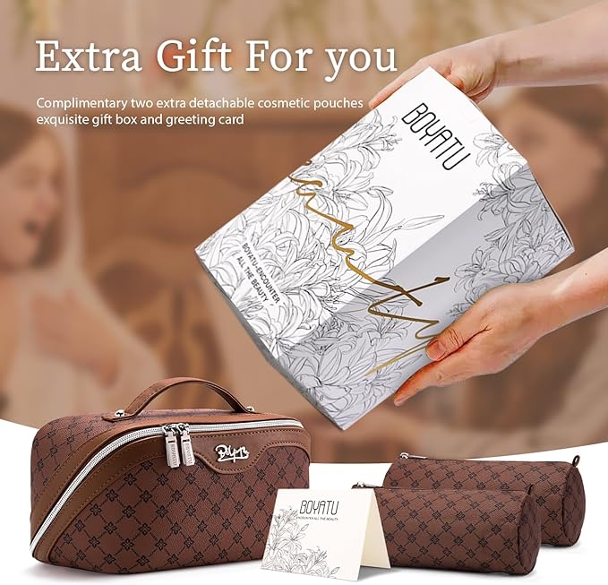 BOYATU Travel Makeup Bag Cosmetic Bags for Women: 3 Pcs Set Large Capacity Make up Bag with Handle - Vegan Leather Toiletry Bags with Compartments - Makeup Organizer for Travel Essentials(A-6-Brown)