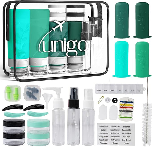 unigo Silicone Travel Bottles Set for Toiletries, Airplane Approved TSA Carry On Size, BPA Free Leakproof Refillable Squeeze Containers with Labels, Cleaning Brush and Covers (Green)