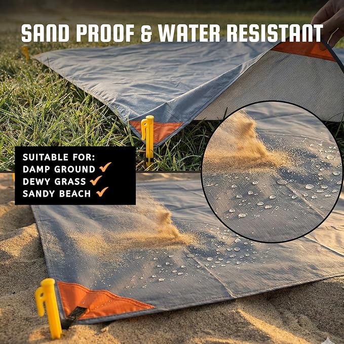 Pocket Blanket (Water Resistant) - Ultralight Sand Proof Beach Mat for Hiking, Festivals, & Travel - Compact Ground Cover Fits 2-4 Adults (Stake Loops Included)