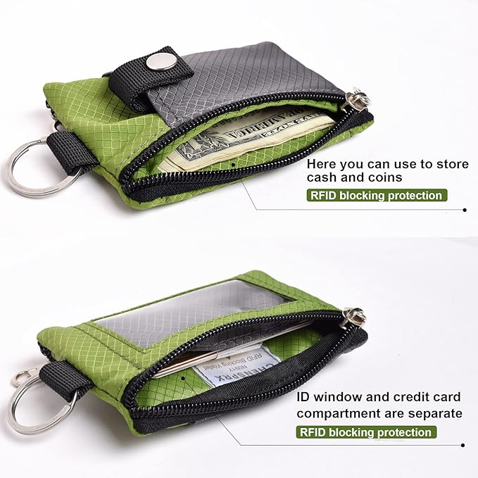 CHENSPRX Minimalist RFID Blocking Small Wallet with ID Window,WaterResistant Zip Id Case Wallet with Lanyard Keychain for Cards,Cash,Travel,Women,Men