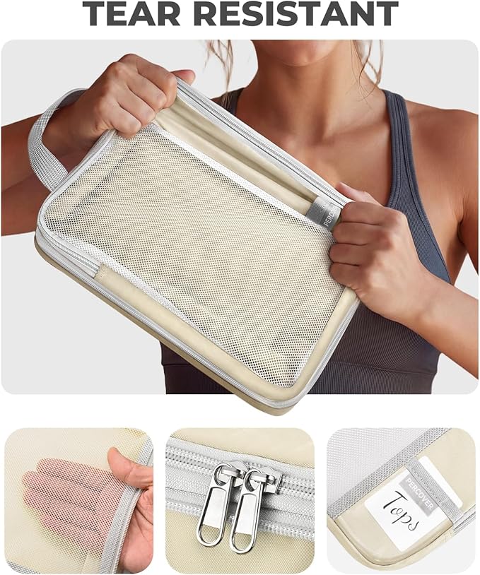 Percover Compression Packing Cubes 8-Piece Set, Packing Cubes Compression for Travel with Laundry Bag & Shoe Bag, Travel Organizer for Carry On & Checked Luggage, Beige