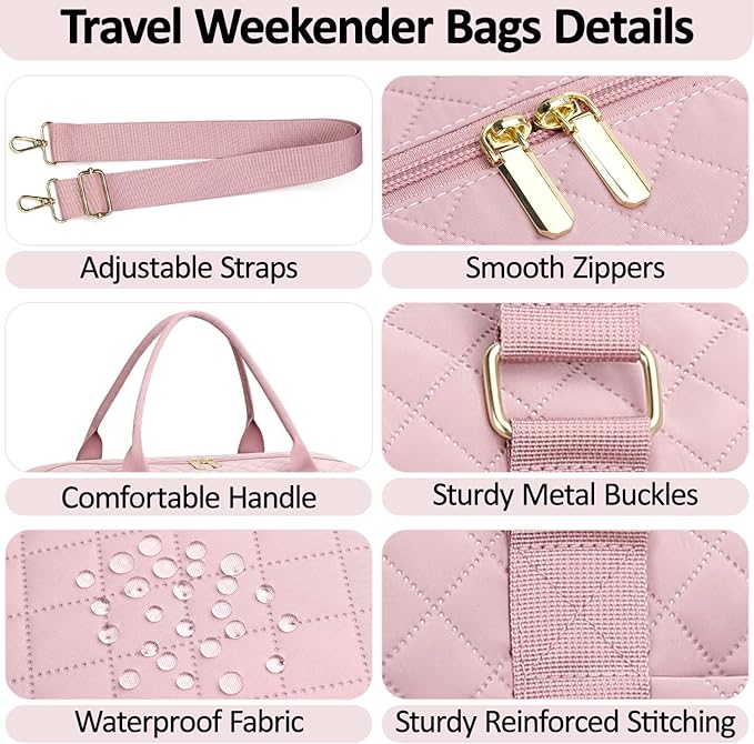 Quilted Travel Duffle Bag for Travel Women with Toiletry Bag, Large Weekender Bags for Women Carry on Duffel Overnight Bag, Waterproof Travel Tote Bags for Sports, Weekender, Business, Pink