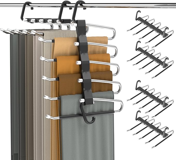 Pants Hangers Space Saving - 4 PCS Closet Organizer and Storage Jean Hangers, Stainless Steel Anti-Slip Clothes Hanger Scarf Holder Pants for Jeans Leggings Trousers Rack for Back to School, Black