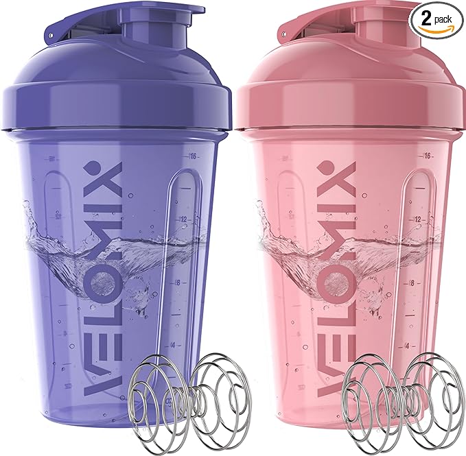 VELOMIX -2 Pack- 20 oz Protein Shaker Bottles for Protein Mixes - 2x Wire Whisk | Leak Proof Shaker Cups for Protein Shakes and Pre Workout | Protein Shaker Bottle Pack (Lavender Glow)