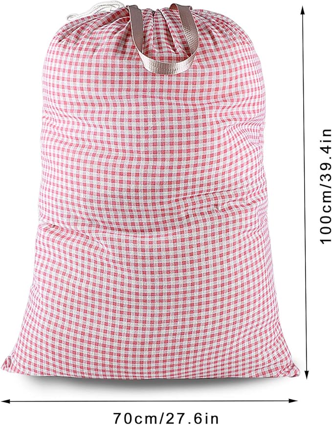 Extra Large Laundry Bag with Drawstring and Handle, Heavy Duty Travel Dirty Clothes Bag for Laundromat and Household, Durable Rip-Stop Laundry Hamper Liner, 28 x 40 Inch, Check Pink