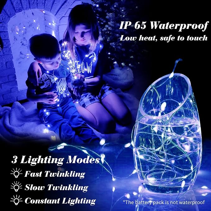 ZGWJ 100 Pack Blue Fairy Lights, Mini String Lights | Battery Operated 7 FT 20 LED Waterproof 3 Modes for DIY, Parties, Wedding, Halloween, Christmas Decoration