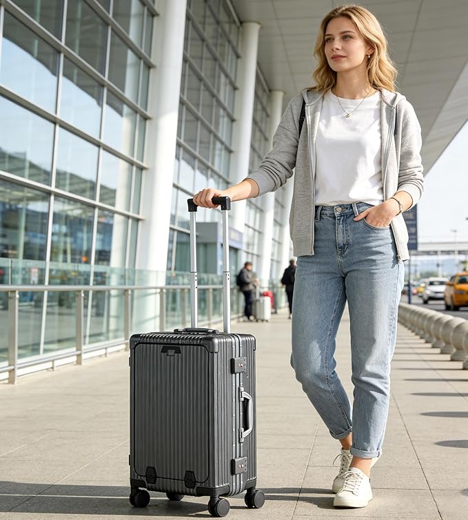 feilario Aluminium Frame PC Hard Shell Spinner Wheels Luggage,20.8"X15"X8.7 Airline Approved Built-In TSA lock Carry on Suitcase, with Cup Holder, USB Port, Phone Holder