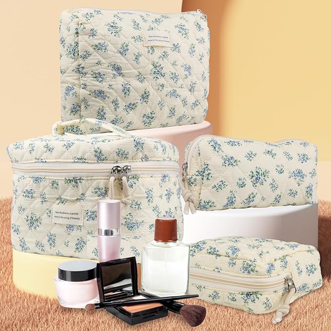 Cute Makeup Bag for Women(2 Pcs), Travel Cosmetic Bags, Quilted Coquette Aesthetic Floral Toiletry Organizer Bag (41 - Blue Rose/4PCS)