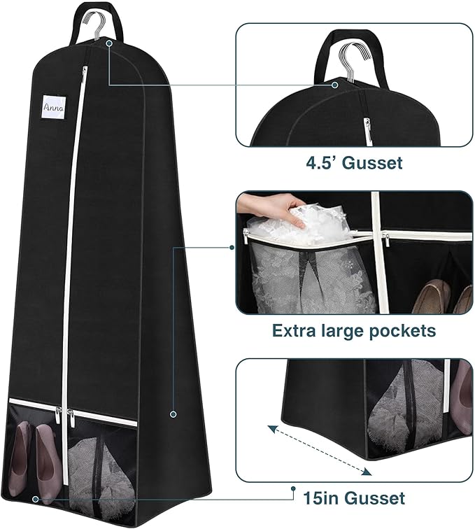 SLEEPING LAMB 65'' Bridal Wedding Gown Dress Garment Bag 15'' Gusseted Garment Cover Shoe Pockets Travel Garment Storage Bag for Prom, Evening Gowns, Black