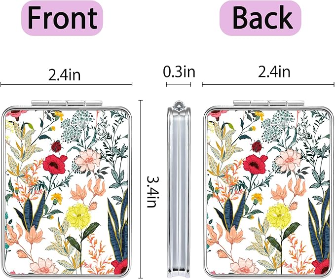 Pocket Mirror, Small Travel Mirror with Magnification, Portable Double-Sided Magnifying Cosmetic Mirror for Daily (White Flowers)