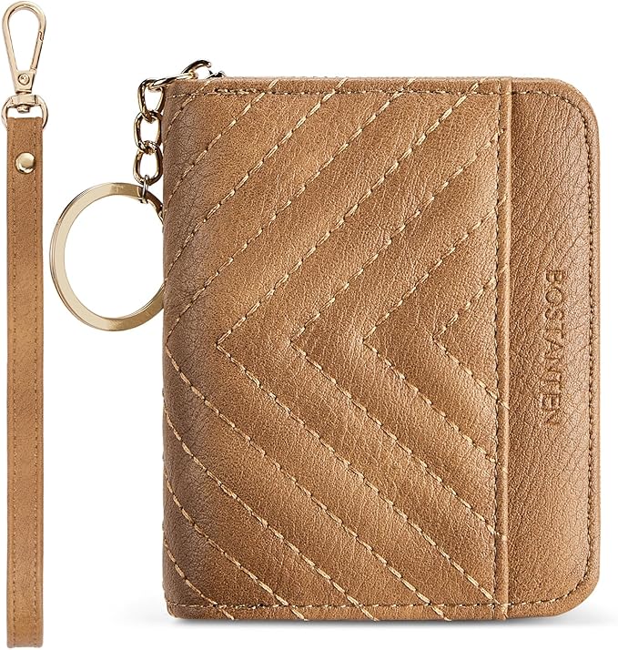 BOSTANTEN Credit Card Holder Wallet RFID Blocking Leather Small Wallet for Women Zipper Keychain Wallet with Wristlet Camel