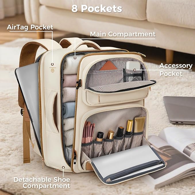 Taygeer Underseat 40L Travel Backpack with Shoe Compartment, TSA Approved Frontier Airlines Personal Item Bag, 18x14x8 inches Travel Bag for Women Weekender Fits Spirit Frontier Allegiant, Beige