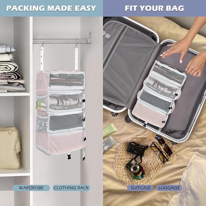Surblue Travel Hanging Luggage Organizer Portable Suitcase Closet Organizer Multiple Compartments Collapsible Compression Packing Cubes Shelf, Pink, S