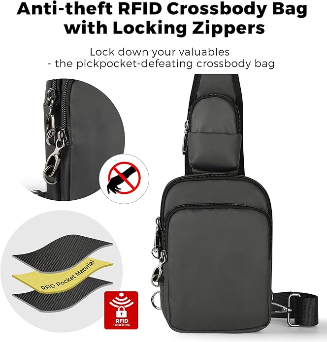 VADOO Sling Bag, Crossbody Bag with Zipper Lock, RFID Blocking & Water Resistant for Men and Women