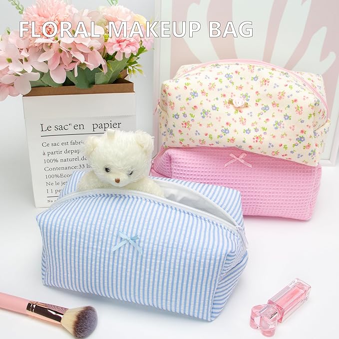 PAZIMIIK 6PCS Cozy Makeup Bag SET Travel Cosmetic Bag for Women Soft Toiletry Bag Aesthetic Makeup Organizer Portable Large Zipper Pouch for Skincare Beauty Accessories Brushes Stripe Blue