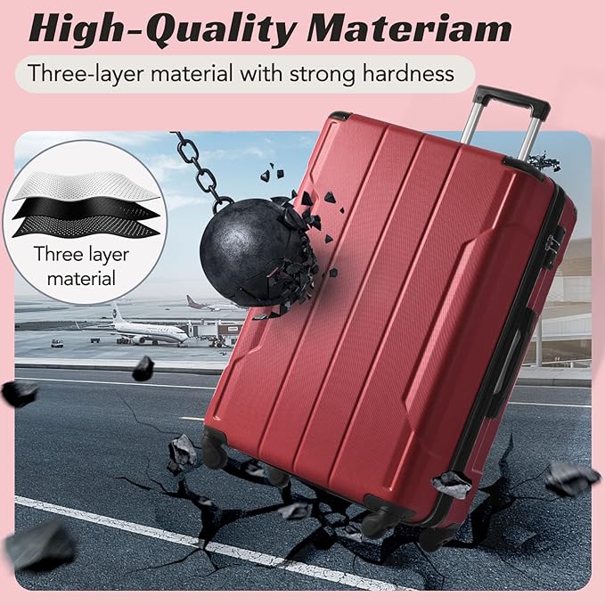 Merax 28 Inch Checked-Large Luggage with Wheels Aluminum Alloy Corner Hard Shell Suitcase TSA Luggage Suitcases for Travel Woman Men(Red)