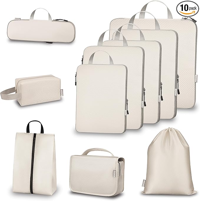 Compression Packing Cubes for Travel, Set of 10 Expandable Luggage Organizers with Shoe Bag, Lightweight Water-Resistant Suitcase Essentials for Carry-on & Checked Luggage, Apricot