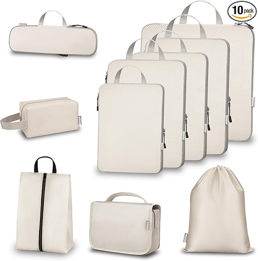 Compression Packing Cubes for Travel, Set of 10 Expandable Luggage Organizers with Shoe Bag, Lightweight Water-Resistant Suitcase Essentials for Carry-on & Checked Luggage, Apricot